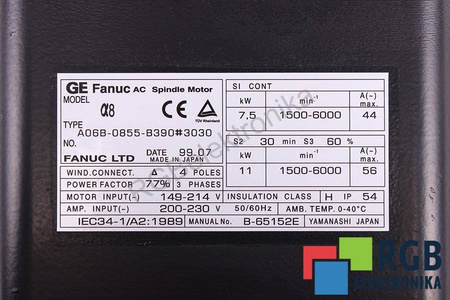 AC SPINDLE MOTOR A06B-0855-B390#3030 A8 7.5/11KW 44/56A 1500-6000MIN-1 FANUC