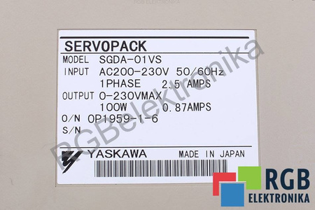 SGDA-01VS INPUT AC200-230V 50/60HZ 1 PHASE 2.5AMPS OUTPUT 0-230VMAX 100W 0.87AMPS SERVOPACK YASKAWA